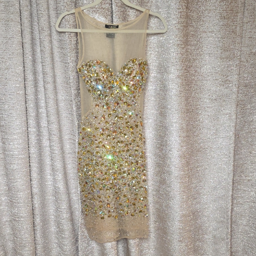 Terani Couture Nude/Gold Embellished Sheer Cocktail Dress